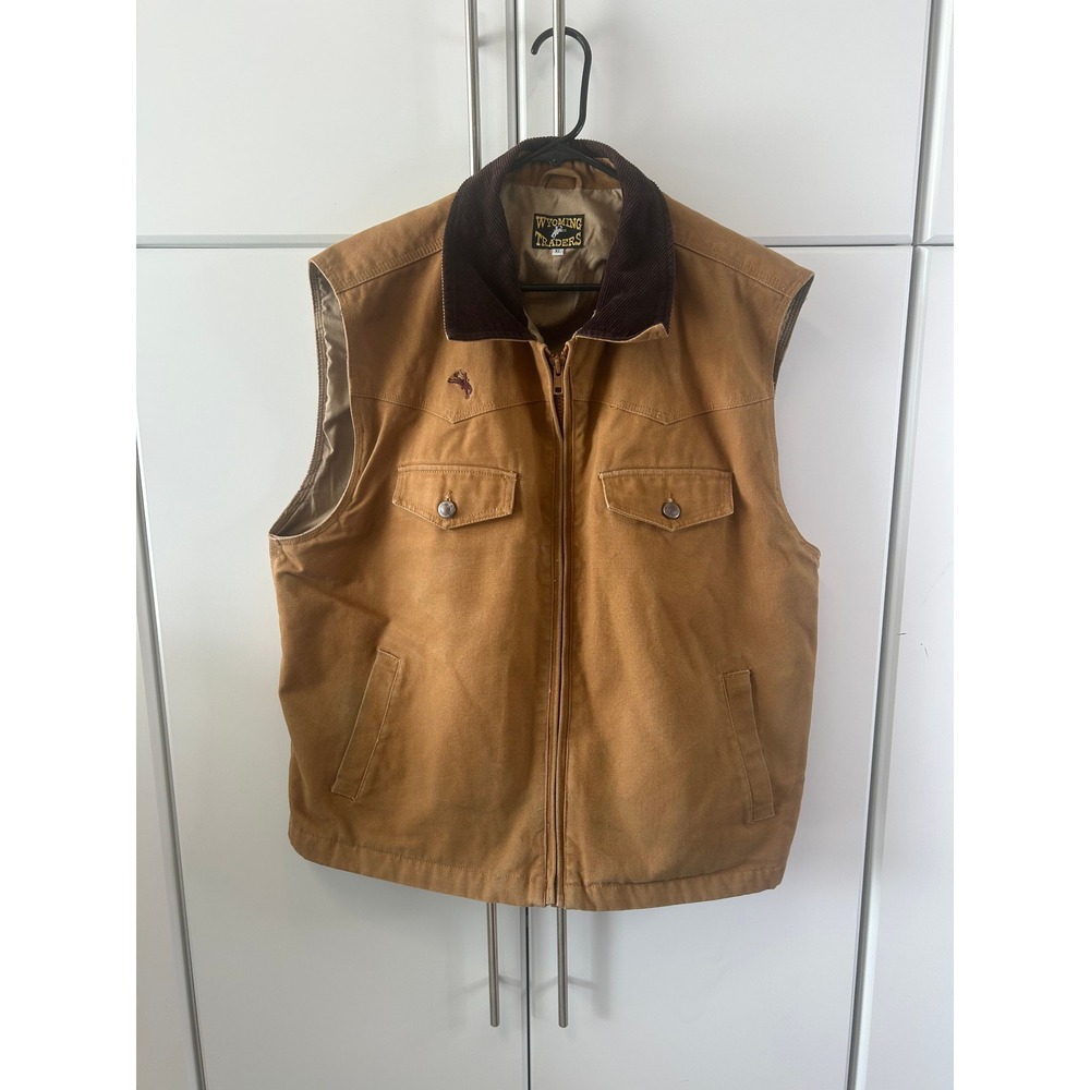 Wyoming Traders Mens‎ XL Canvas Work Vest Tan Brown Corduroy Collar Western Zip